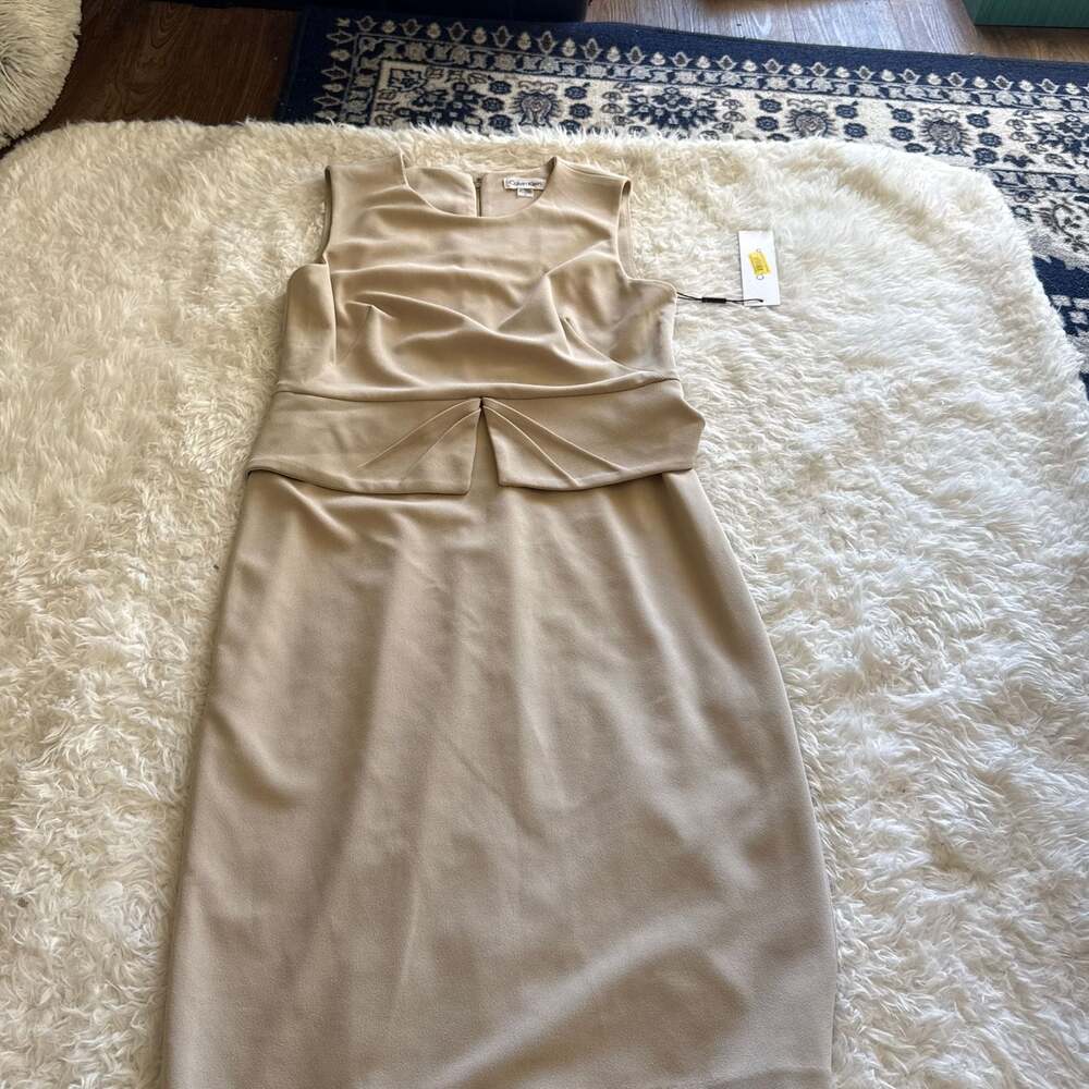 Calvin Klein Sleeveless Pleated Peplum Dress Nude Sz 10 NWT